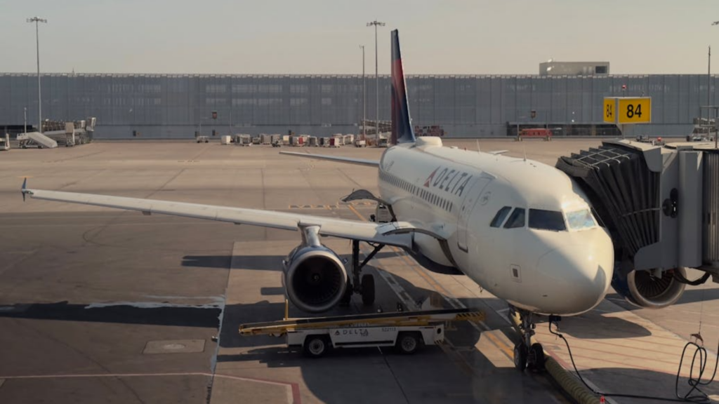 A Delta Air Lines Airbus narrowbody jet parked at airport Gate with a baggage conveyor loader positioned beneath its open cargo hold.