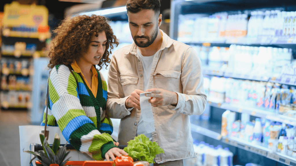 A young couple in a grocery store aisle looking concerned as they examine a long paper receipt.