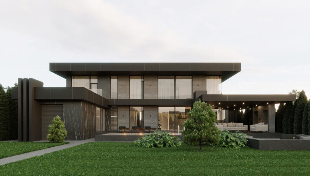 Modern luxury home with large windows, landscaped yard, and outdoor seating area.