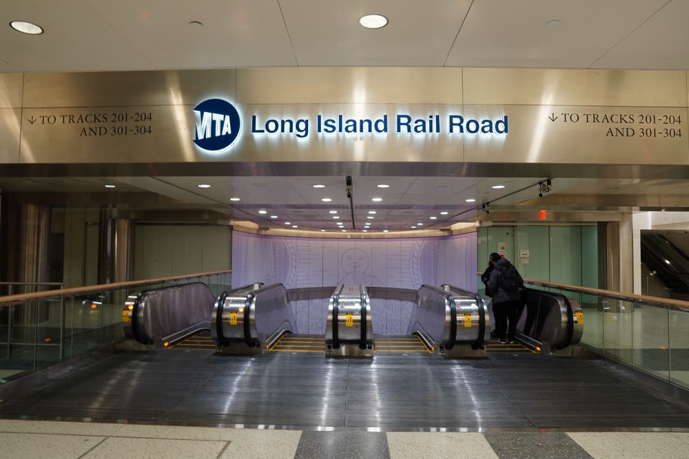 MTA Long Island Rail Road entrance and escalators inside Penn Station.