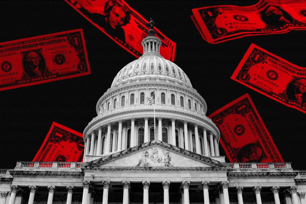 Illustration of the U.S. Capitol with red dollar bills symbolizing the national debt.