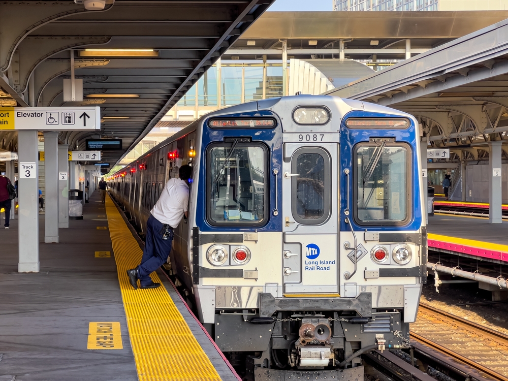 MTA Long Island Rail Road train stopped at a station platform during the LIRR strike in New York City.