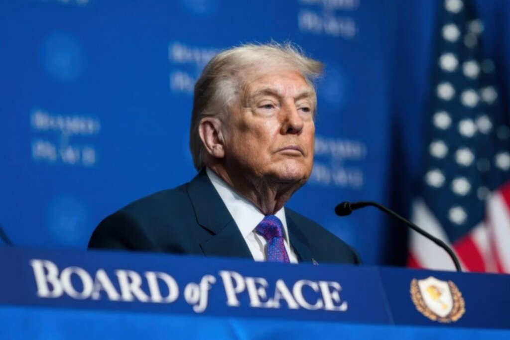 President Donald Trump speaking at the inaugural Board of Peace meeting in Washington, D.C.