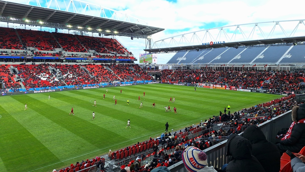 View of BMO Field during a Toronto FC match, showing expanded seating ahead of the 2026 FIFA World Cup.