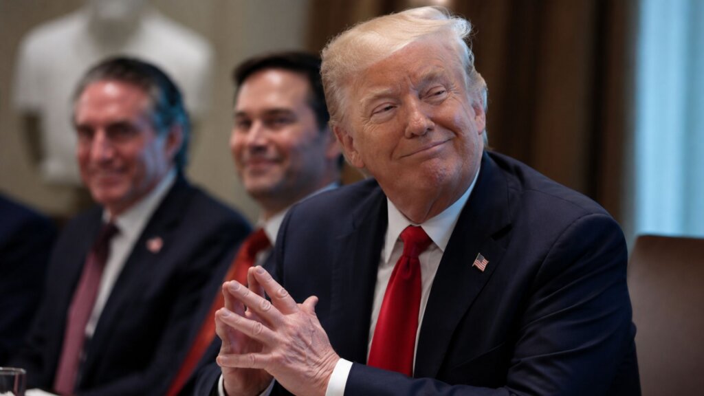 President Donald Trump seated at a conference table during a meeting, hands clasped and smiling slightly while two other officials sit blurred in the background.