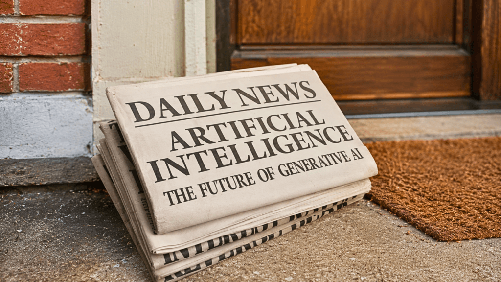 A stack of print newspapers titled Daily News on a doorstep with a front-page headline reading Artificial Intelligence.