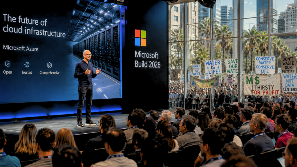 Satya Nadella speaking on stage at Microsoft Build 2026 next to a window showing protesters holding signs.