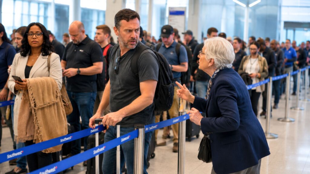 Crowded airport security or check in line with travelers standing between blue queue barriers. A man with a backpack and rolling suitcase turns to speak with an older woman while other passengers wait in the busy terminal behind them.