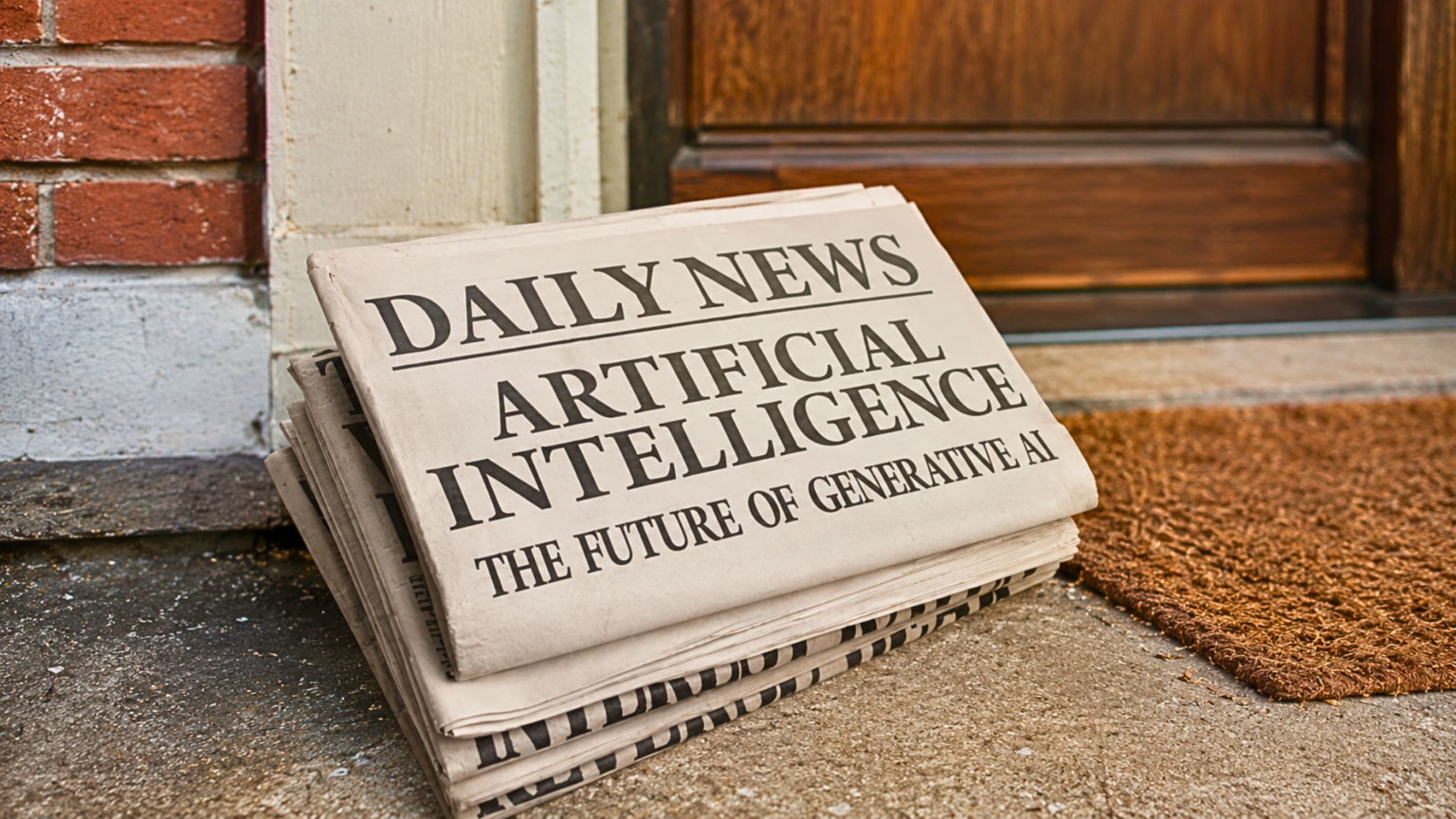 A stack of print newspapers titled Daily News on a doorstep with a front-page headline reading Artificial Intelligence.