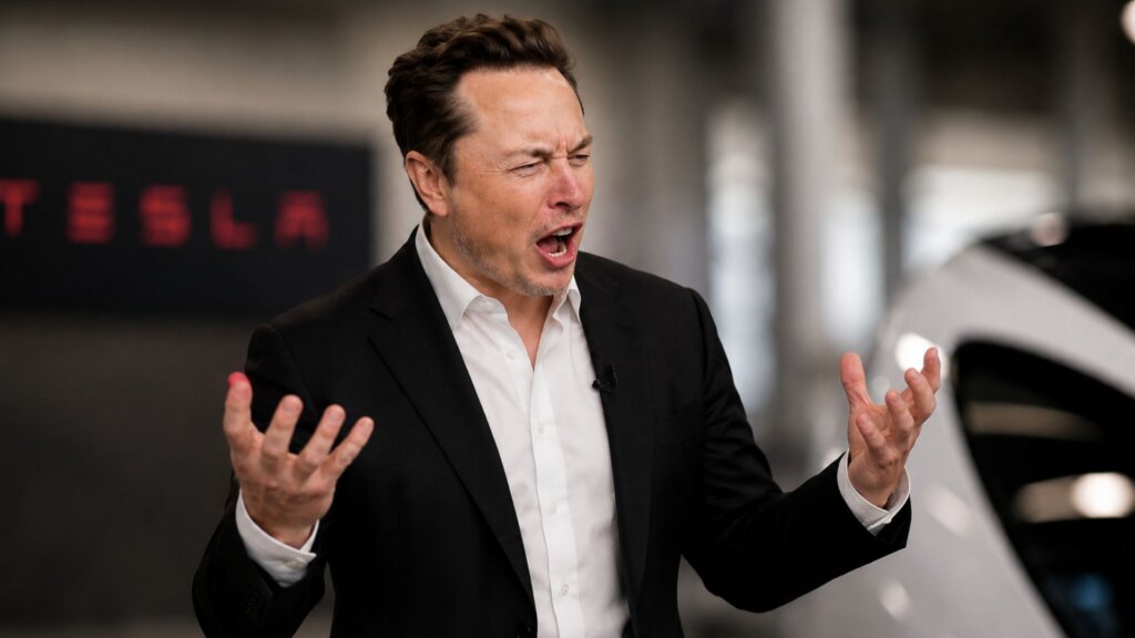Elon Musk, in a black suit, gestures with both hands while speaking passionately indoors.
