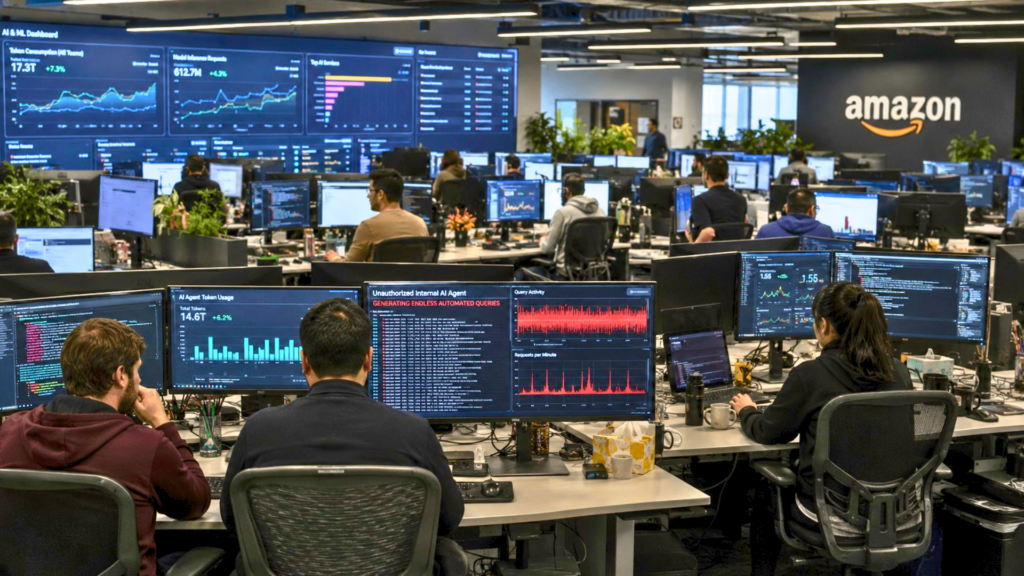 Employees working at computers in an Amazon office with a large wall dashboard showing data tracking metrics.