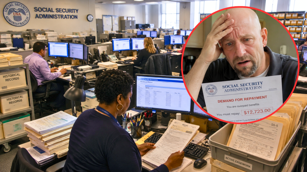 An office of the Social Security Administration next to an inset photo of a stressed man holding a demand for repayment.