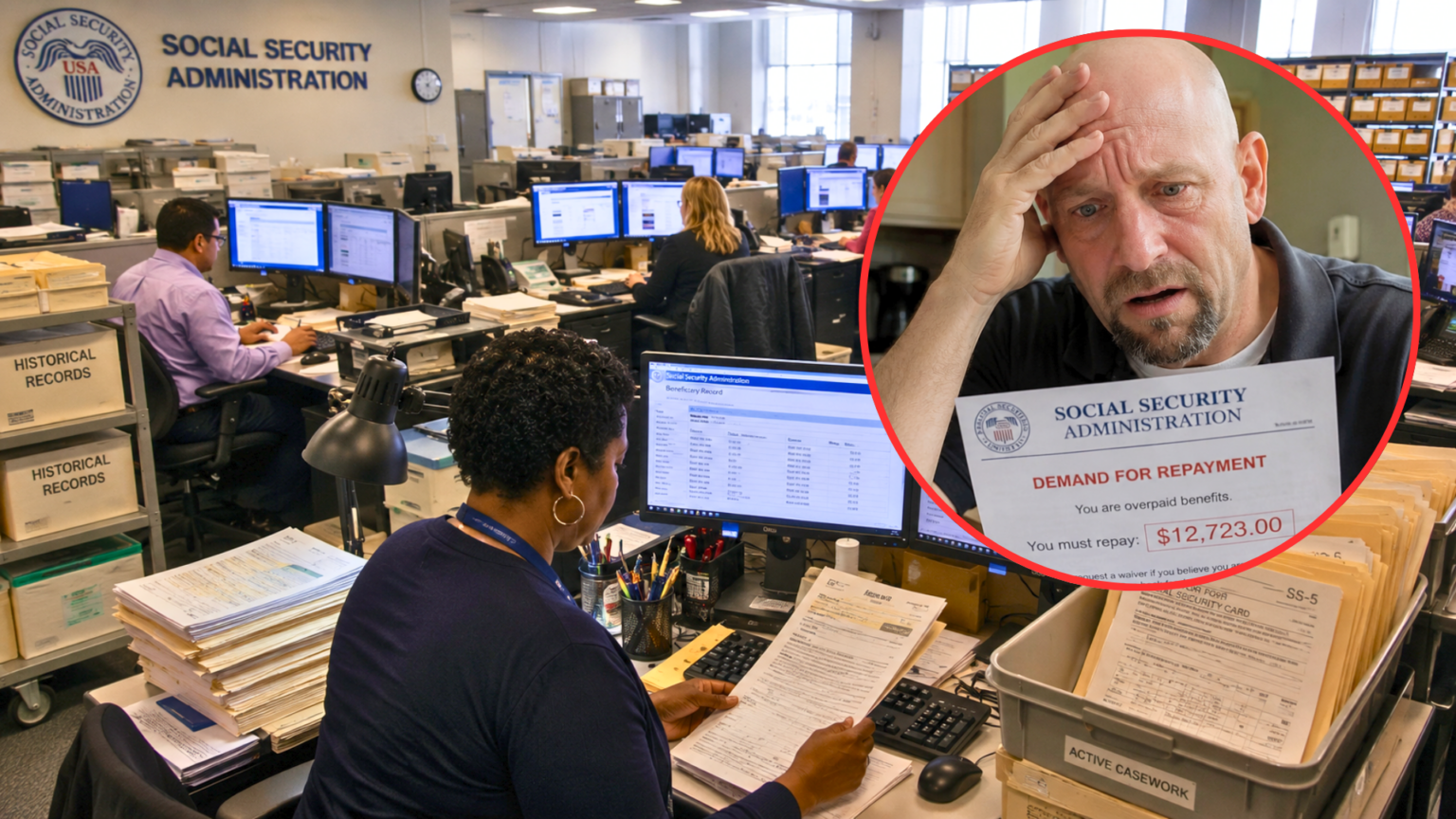 An office of the Social Security Administration next to an inset photo of a stressed man holding a demand for repayment.