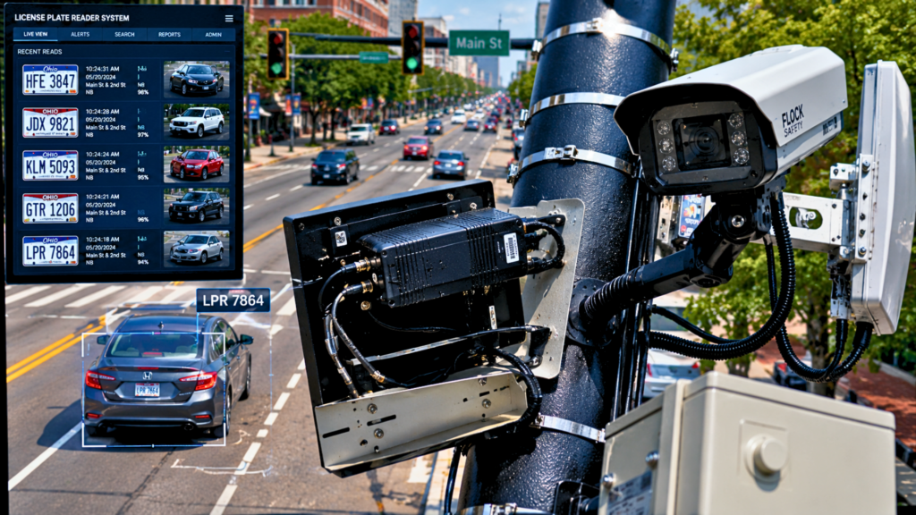 A Flock Safety automated license plate reader camera system mounted on a street pole tracking vehicles on a city road.