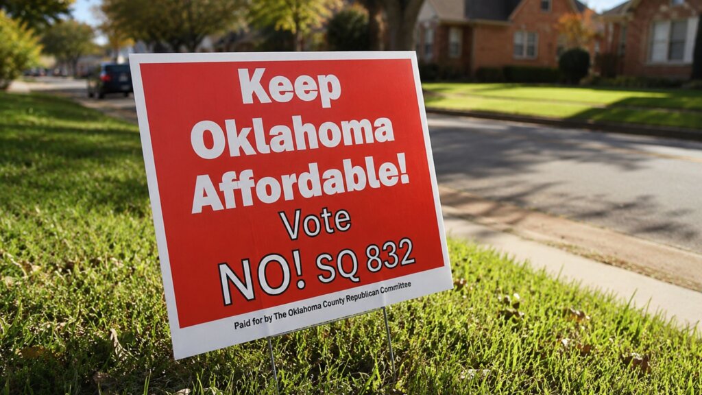 Red political yard sign displayed on a grassy residential street lawn. The sign reads "Keep Oklahoma Affordable. Vote NO. SQ 832. Paid for by The Oklahoma County Republican Committee." The sign illustrates public campaigning around the proposal that Oklahoma voters rejected to raise the minimum wage.
