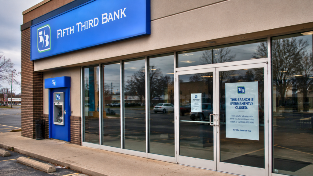 Exterior of a Fifth Third Bank branch with a sign on the door stating "THIS BRANCH IS PERMANENTLY CLOSED."