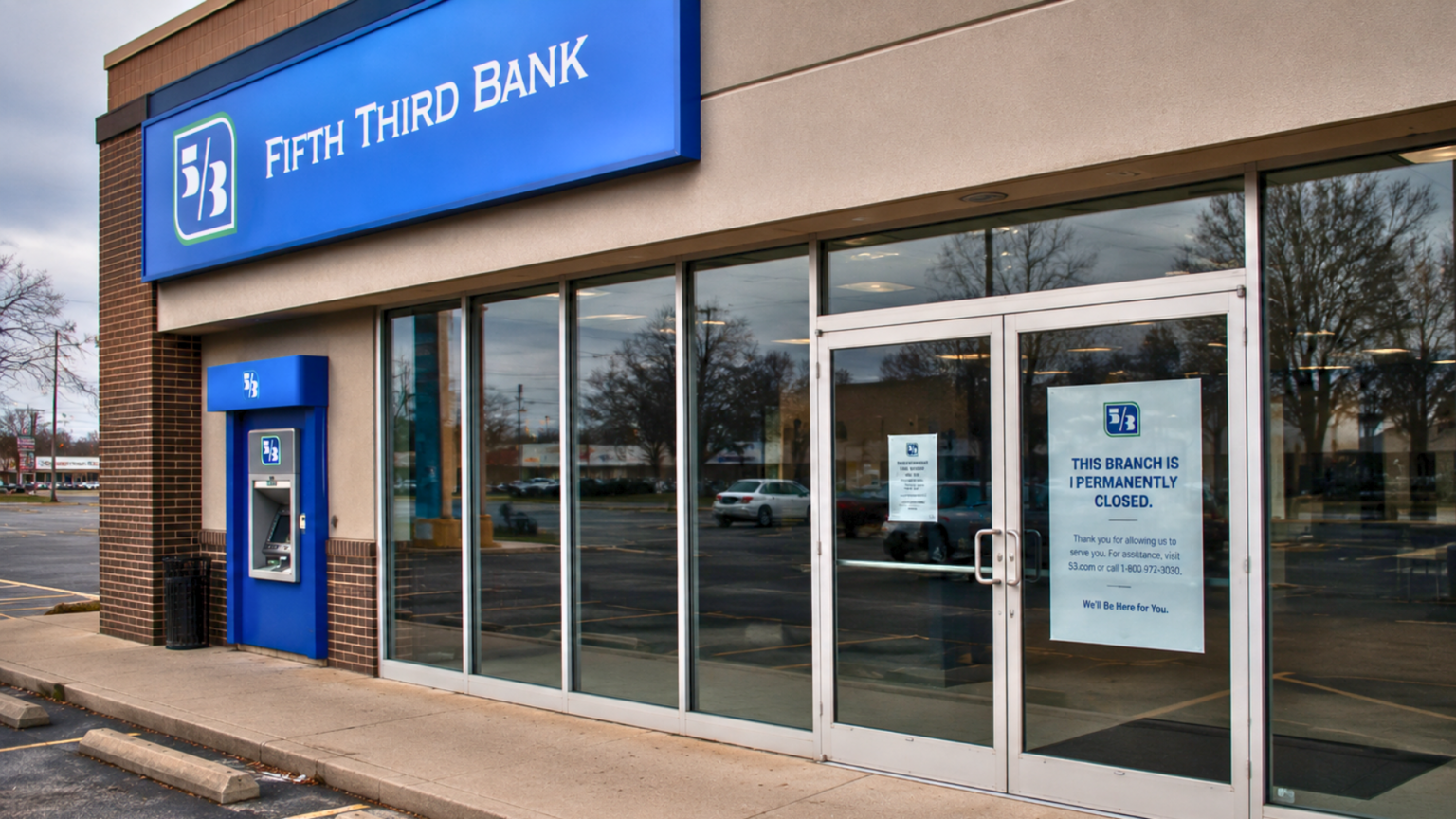 Major Bank Closing 75 Branches After State Records Expose 502 Worker Layoffs Exterior of a Fifth Third Bank branch with a sign on the door stating "THIS BRANCH IS PERMANENTLY CLOSED."
