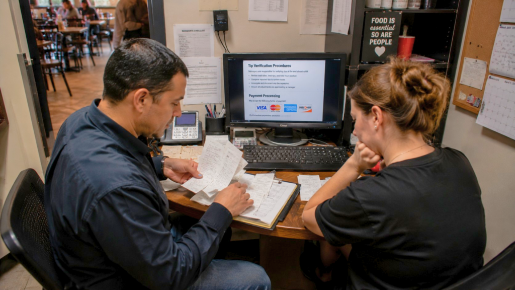 A man and a woman reviewing physical receipts at a desk in front of a monitor displaying tip verification procedures.