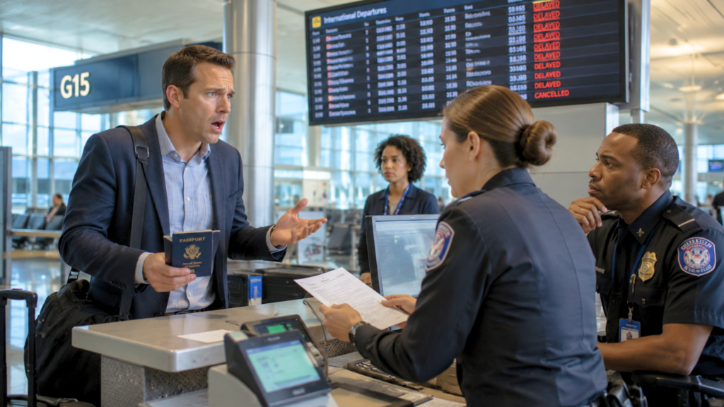 An anxious passenger holding a passport questions airport agents at a check-in desk in front of a flight delay board.