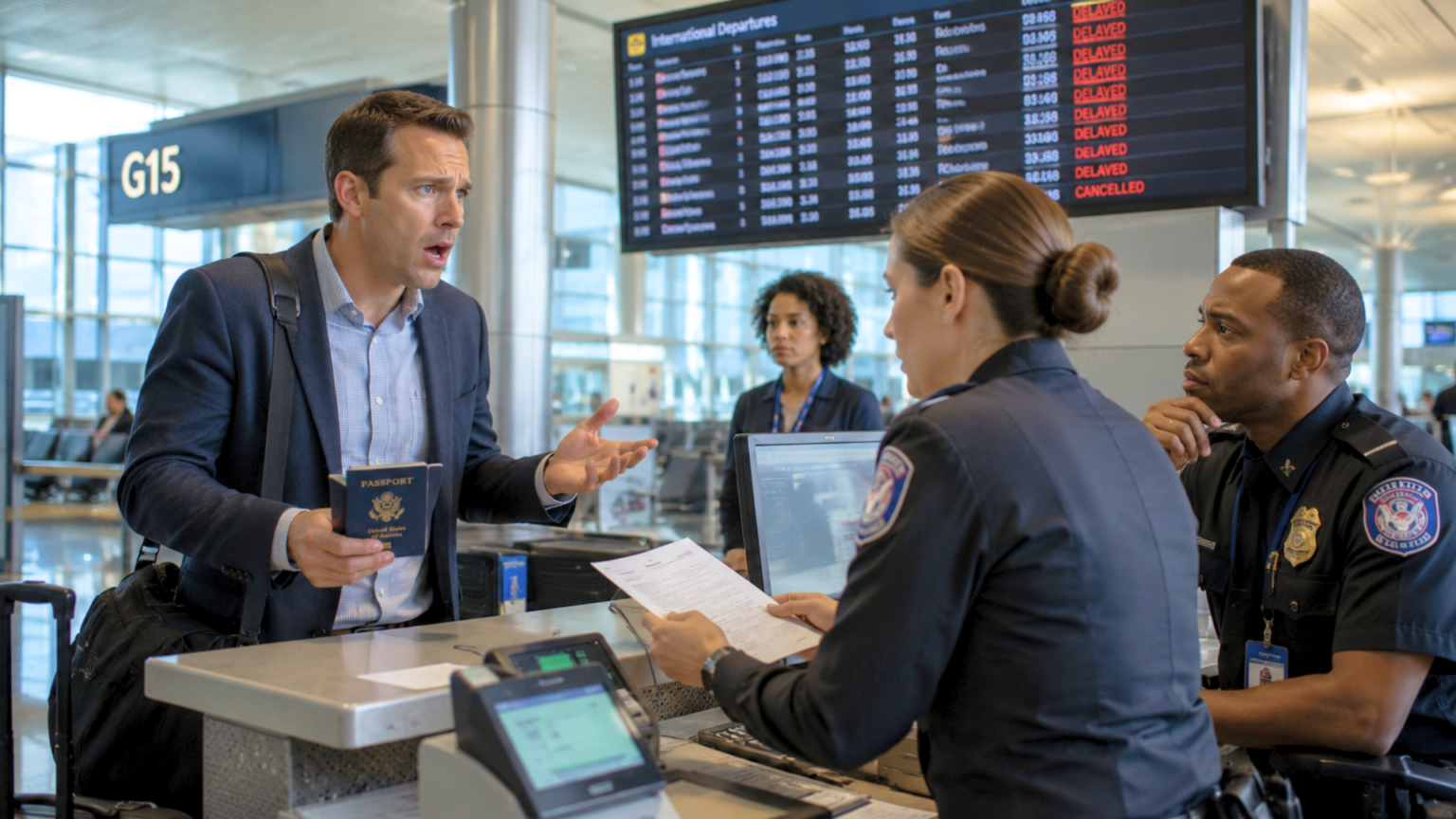 An anxious passenger holding a passport questions airport agents at a check-in desk in front of a flight delay board.