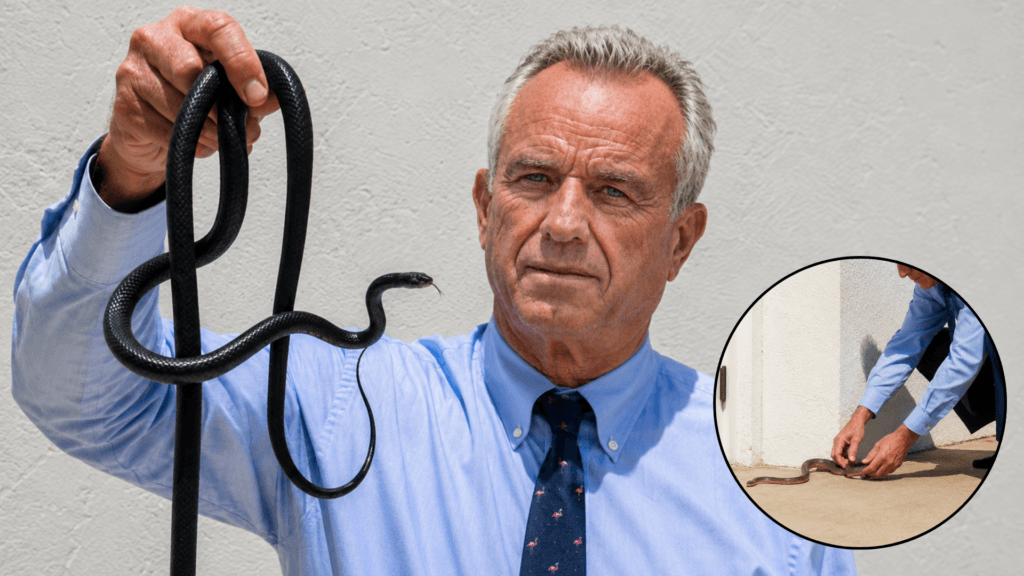Robert F. Kennedy Jr. holding a black snake in his hand while wearing a blue shirt and tie.
