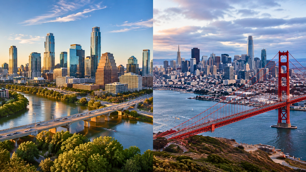 A split image comparing the city skylines and waterfronts of Austin, Texas, and San Francisco, California.