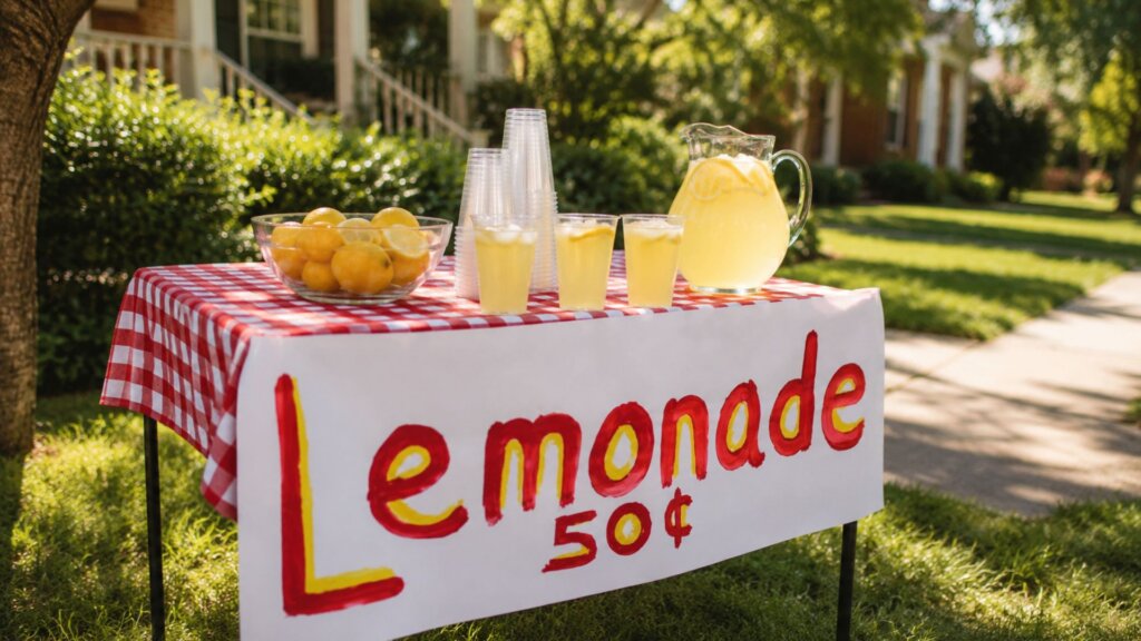Neighborhood lemonade stand with a red checkered tablecloth, a glass pitcher of lemonade, cups, and a bowl of lemons on a sunny residential street.