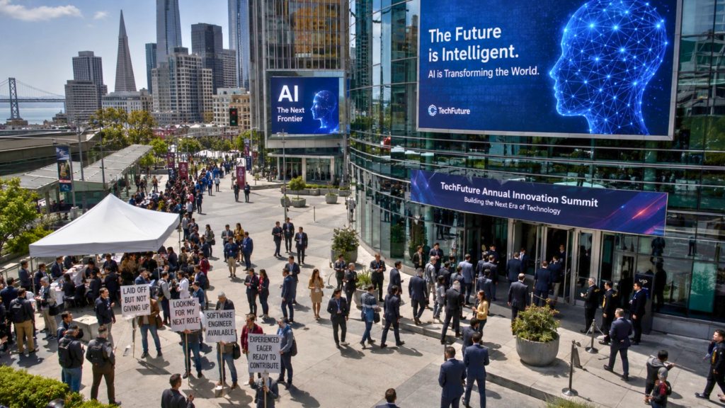 People holding job-seeking signs outside the TechFuture Annual Innovation Summit building in San Francisco.