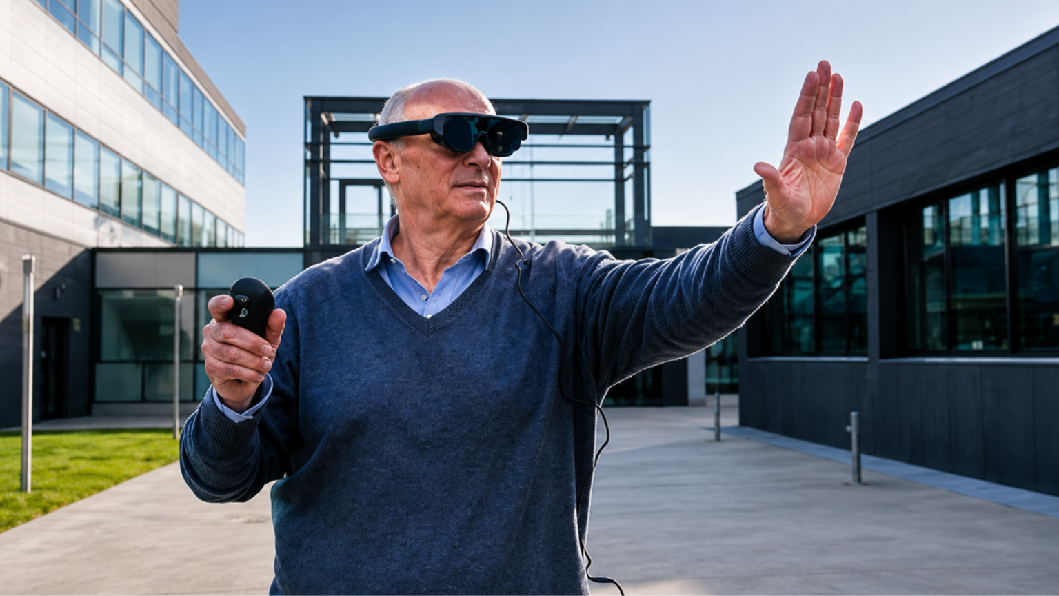 An older man testing a virtual reality headset while holding a controller and gesturing outdoors.