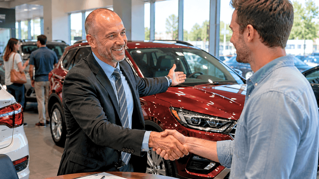 A car salesman shaking hands with a customer in a dealership showroom in front of a red vehicle.