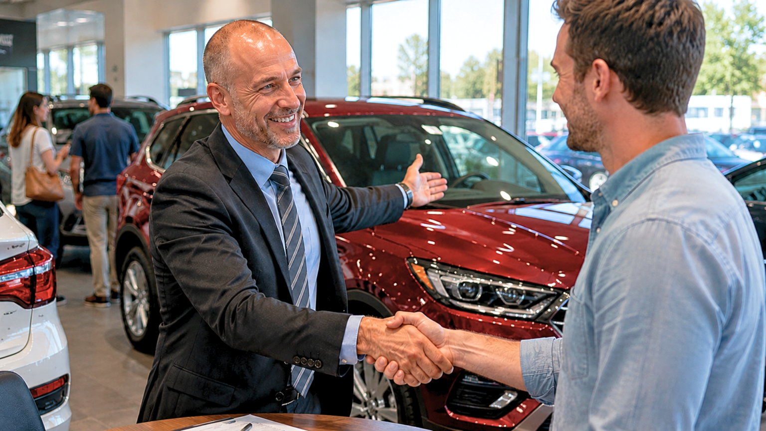 Dealerships Leverage “Spot Delivery” Tracking Loopholes To Seize Vehicles After Contracts Are Signed A car salesman shaking hands with a customer in a dealership showroom in front of a red vehicle.