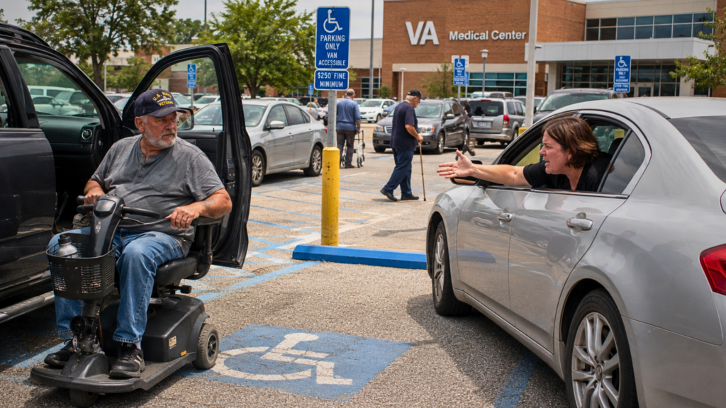 A man on a mobility scooter in a disabled parking space talking to a woman leaning out of a car window at a VA Medical Center.