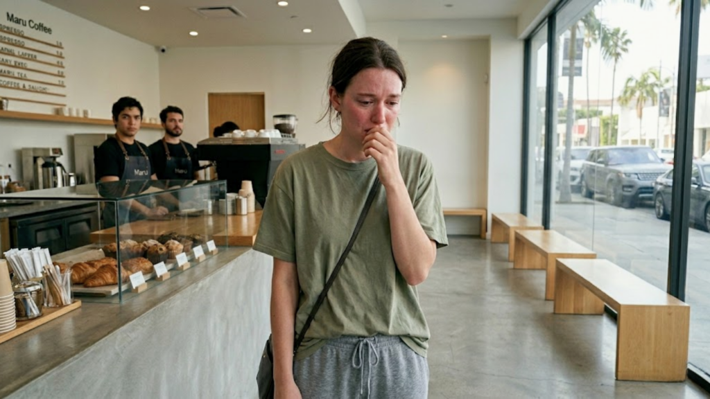 A distressed, tearful woman in a green t-shirt and grey sweatpants stands inside a modern coffee shop near the pastry counter.