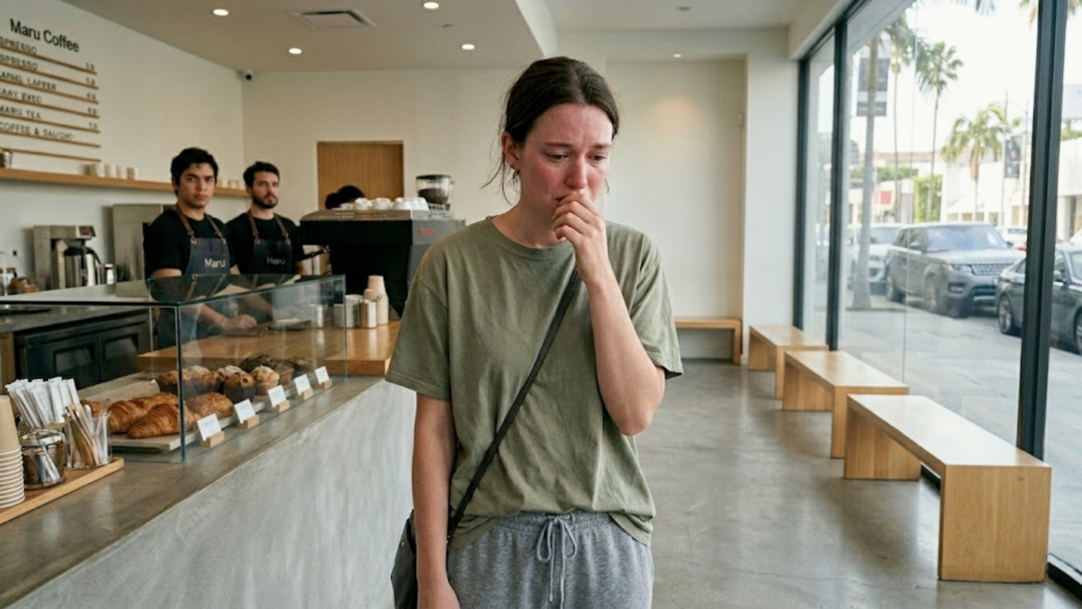 A distressed, tearful woman in a green t-shirt and grey sweatpants stands inside a modern coffee shop near the pastry counter.