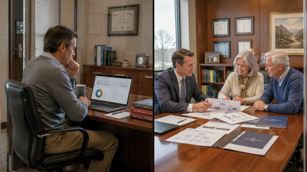 A split image showing a financial advisor using an AI assistant program on his laptop, and the same advisor meeting with an elderly couple at a conference table.