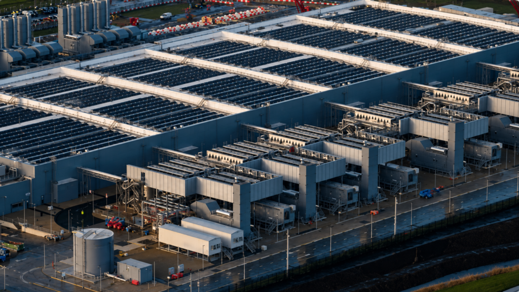 Aerial view of a large industrial data center with rooftop equipment and cooling systems.