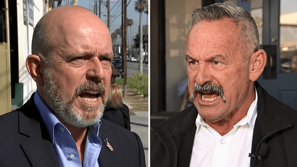 A split-screen view showing Steve Hilton and Chad Bianco talking intensely during an outdoor political event.