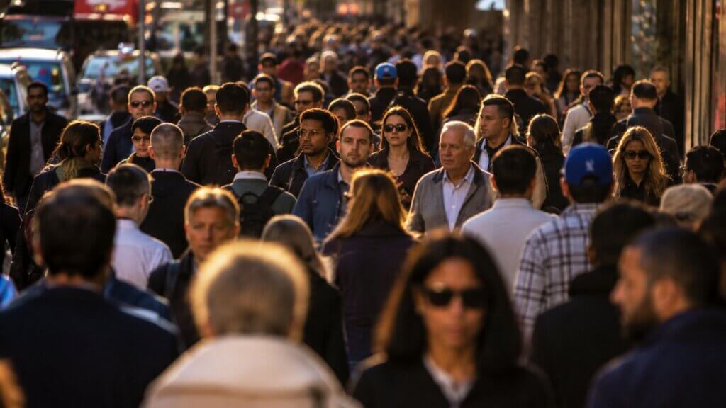 Large crowd of people walking along a busy city street during golden hour with faces and figures stretching into the distance.