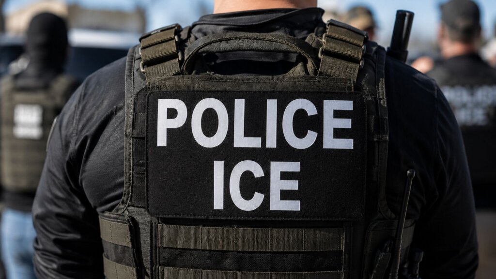 Back view of a law enforcement officer wearing a tactical vest labeled "POLICE ICE" in large white letters.