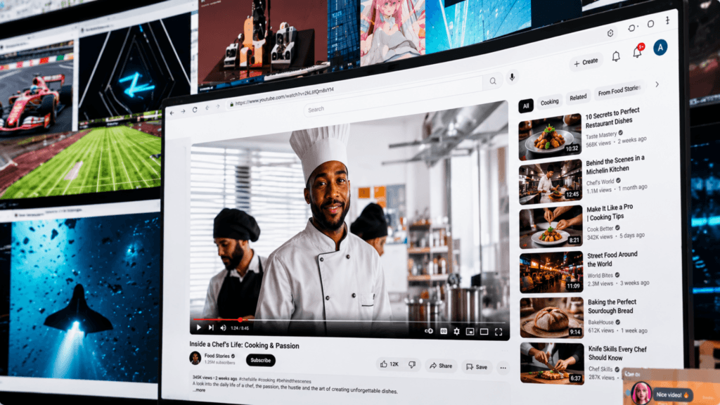 A computer screen displaying a YouTube video tutorial featuring a professional male chef dressed in white uniform.