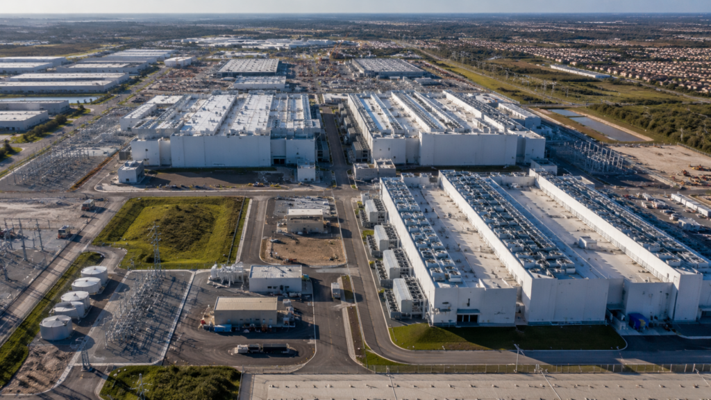 An aerial view of a massive modern data center complex with sprawling white industrial buildings.