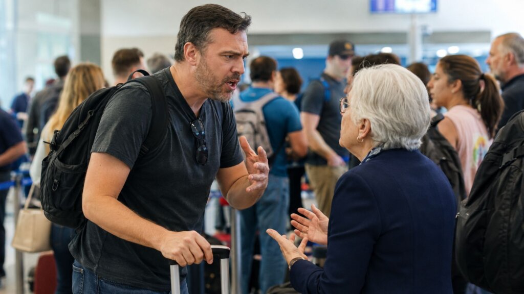 Two travelers having a heated conversation while waiting in a crowded airport line. The man gestures with one hand while holding the handle of a rolling suitcase as the woman responds, with other passengers and luggage visible in the background.