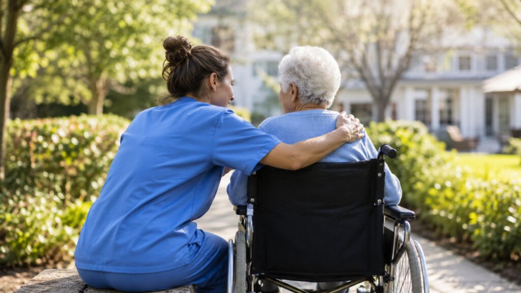 Caregiver in blue scrubs sitting beside an older adult in a wheelchair on a garden path. The caregiver has an arm around the person's shoulders, showing support and companionship in an outdoor residential care setting.