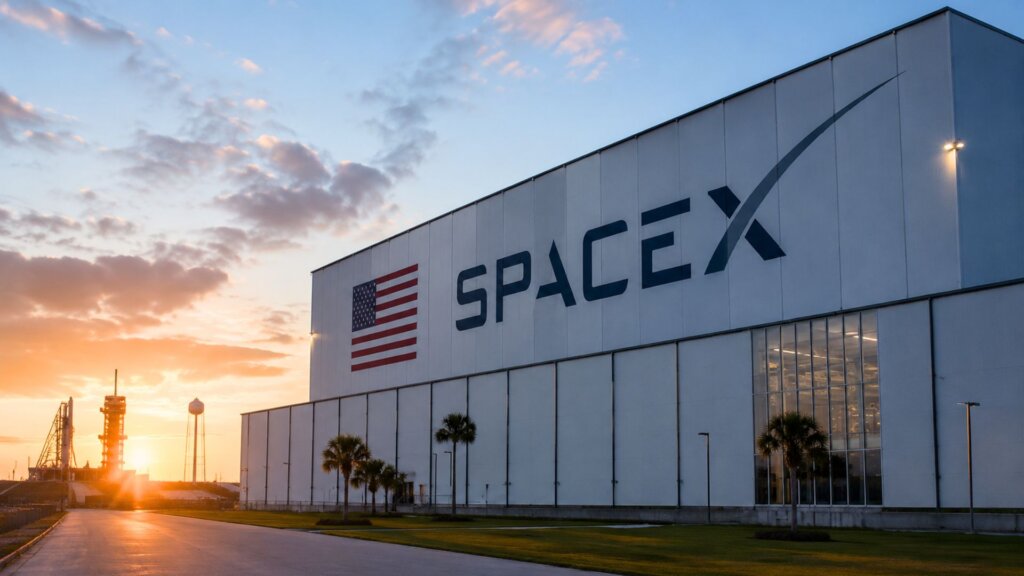 Large SpaceX manufacturing facility at sunrise with the company logo and an American flag displayed on the exterior. A launch tower is visible in the distance.