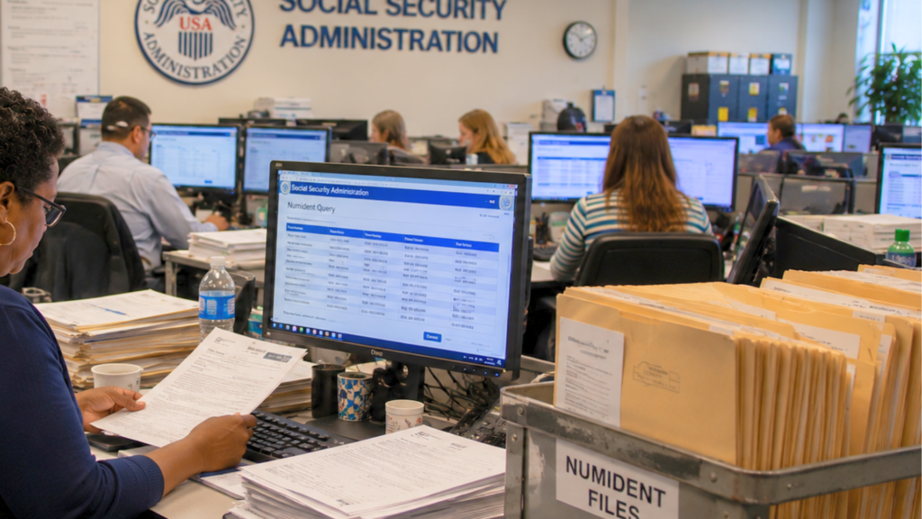 A caseworker reviewing records on a computer screen and processing files inside a Social Security Administration office.