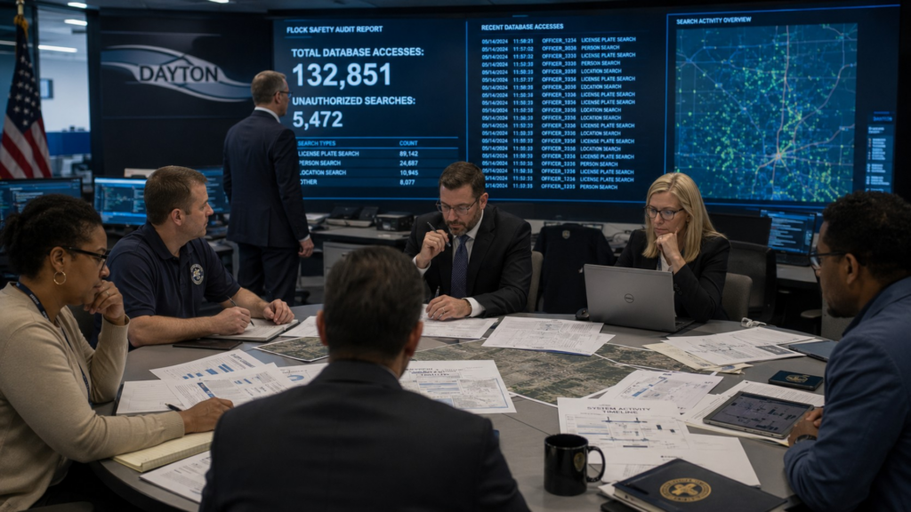 Officials in a Dayton command center reviewing database search logs and system metrics on a large wall display.