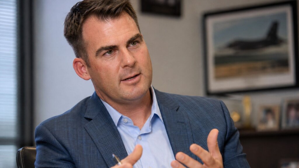 Governor Kevin Stitt, wearing a blue suit jacket, speaks during an office interview while gesturing with his hands.