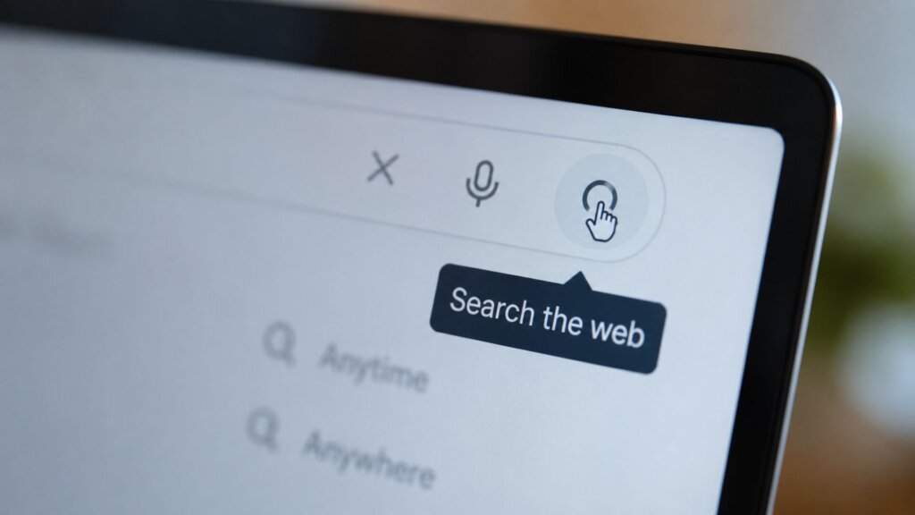 Close up of a computer screen showing a search interface with a microphone icon and a highlighted button.