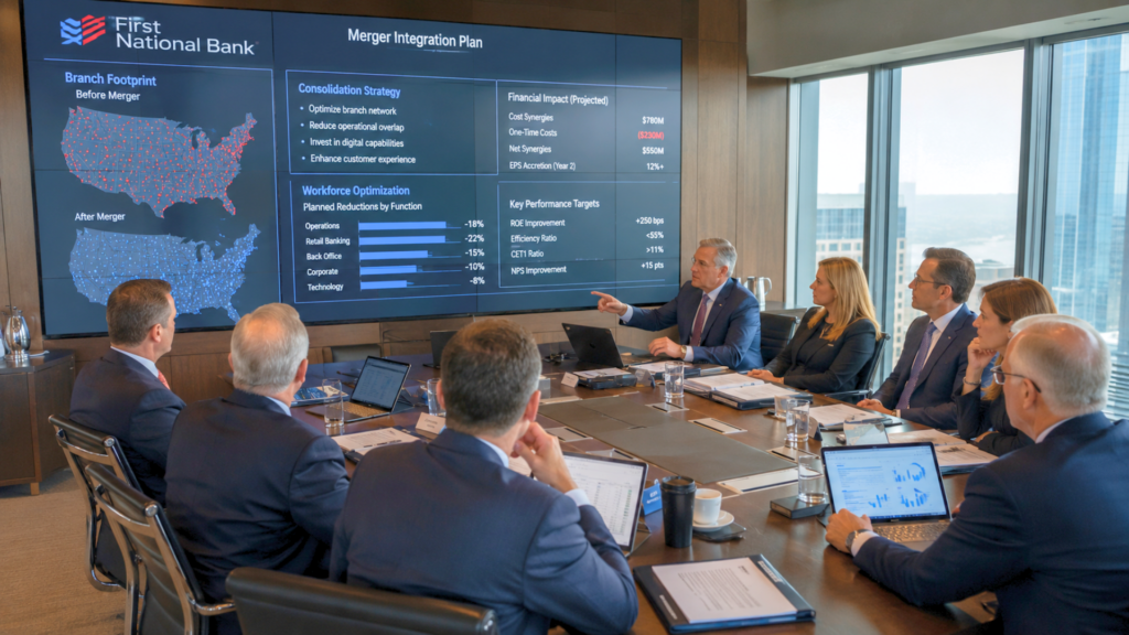 Corporate executives in a boardroom reviewing a First National Bank merger integration plan on a large wall display.