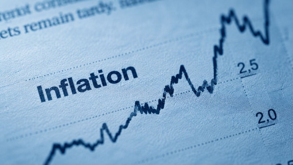 Close up of a financial chart labeled "Inflation" with a line graph showing rising and fluctuating prices.